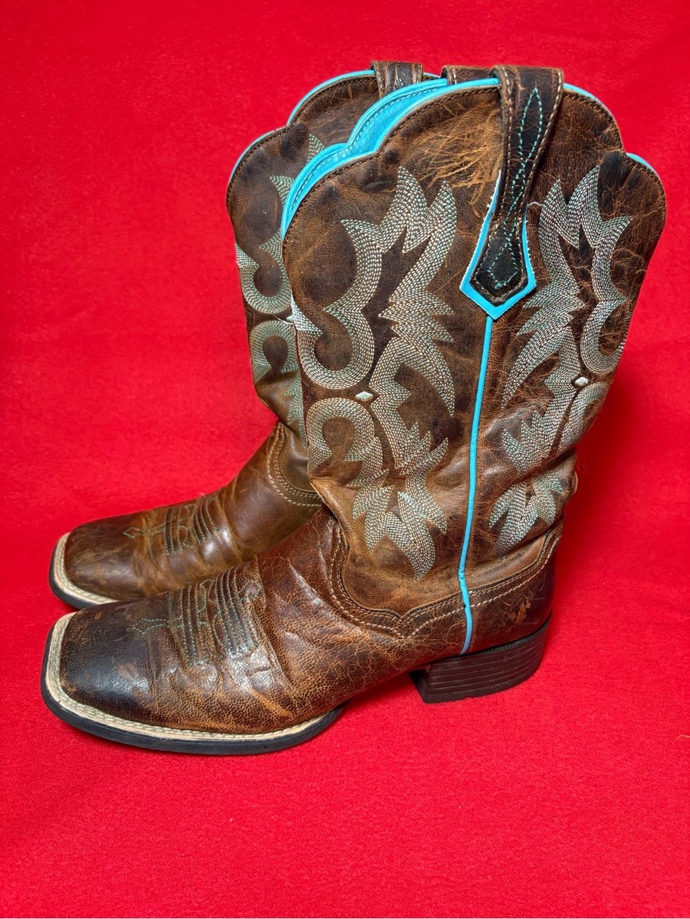 Ariat Tombstone Cowgirl Western Boots 7.5B Brown Teal interior ATS Square Toe